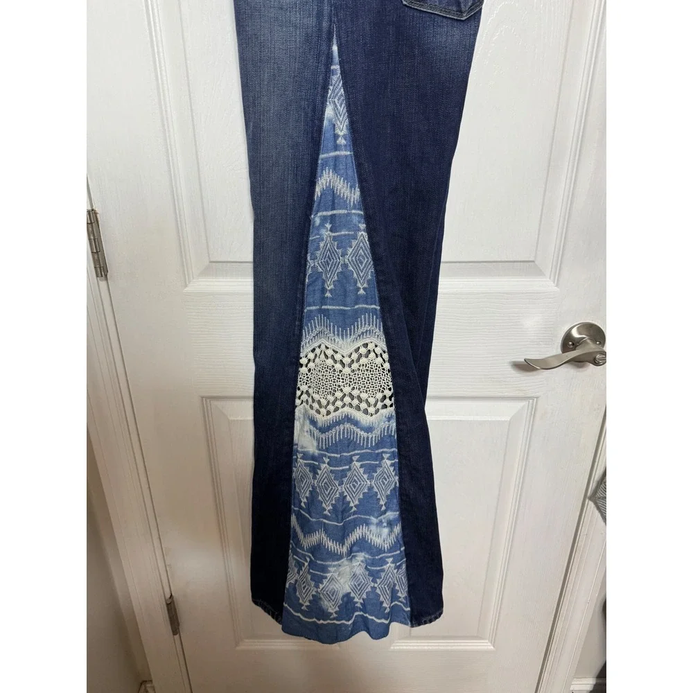 Paige Premium Denim Boho Wide Leg Jeans Crochet Ikat Side Panel Dark Wash 27
